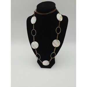 Long Gold Tone Chain Links And Mother Of Pearl Disk Bead Necklace 36"